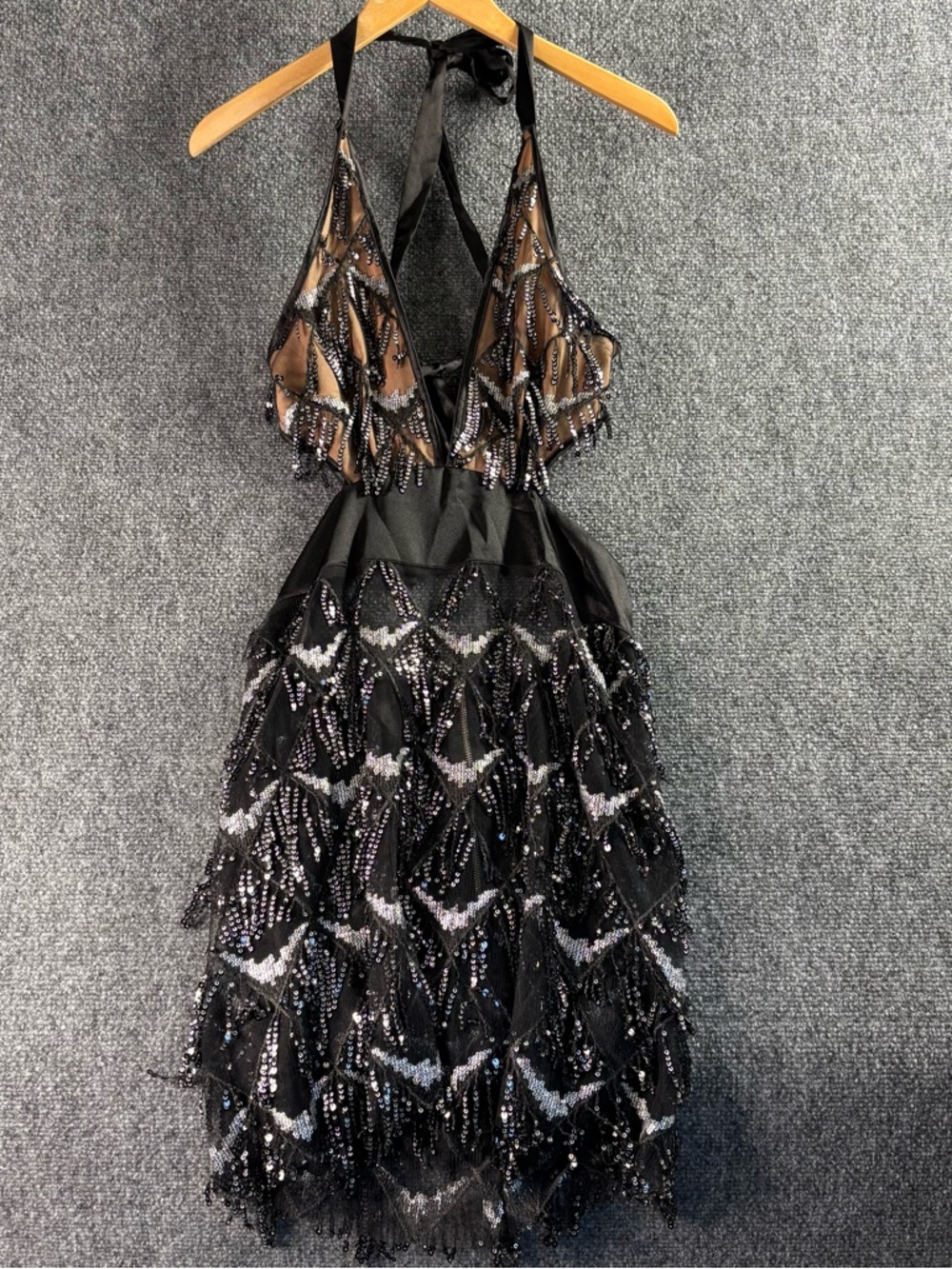 Black One-Shoulder Beaded Fringe Cocktail Dress